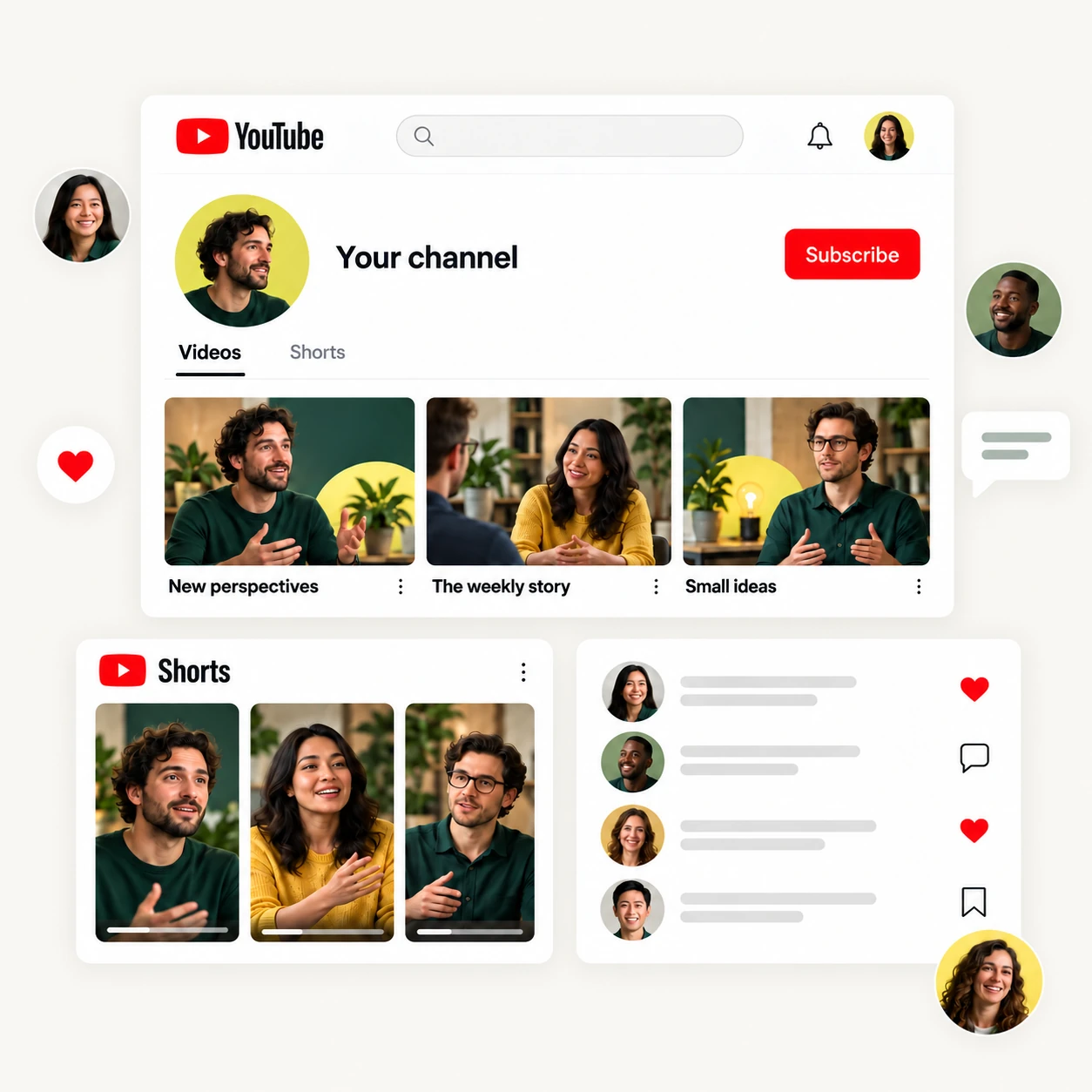Illustration of a YouTube channel with videos, Shorts, and an engaged audience